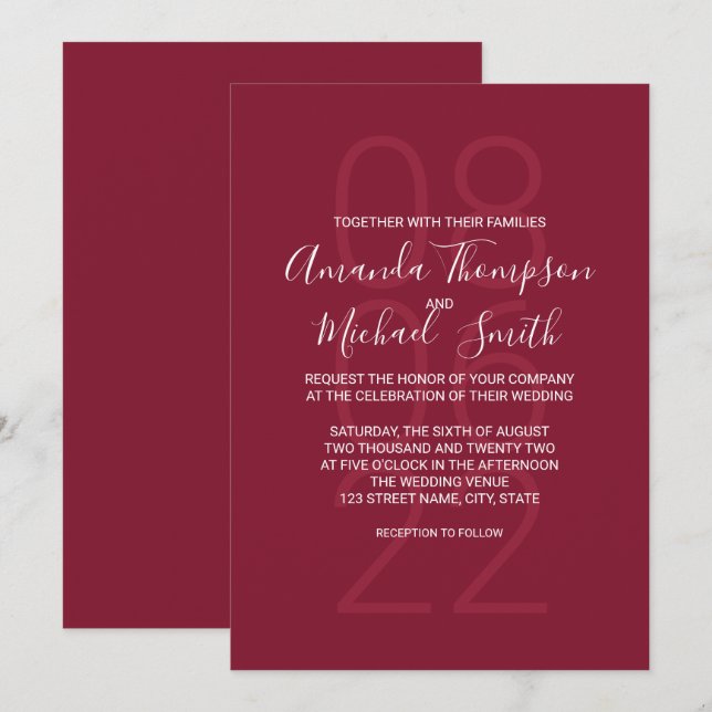 Invitation Mariage de script moderne rouge Bourgogne (Devant / Derrière)