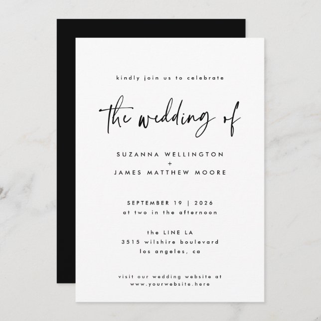 Invitation Mariage de script noir blanc minimal manuscrit (Devant / Derrière)