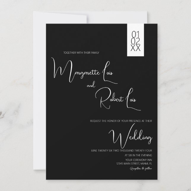 Invitation Mariage de script noir blanc moderne (Devant)