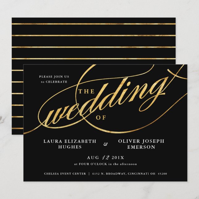 Invitation Mariage de script noir et or moderne unique (Devant / Derrière)