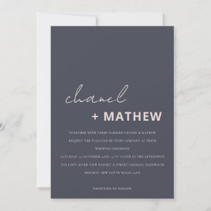 Invitation Mariage de script noir minimaliste moderne Navy Bl