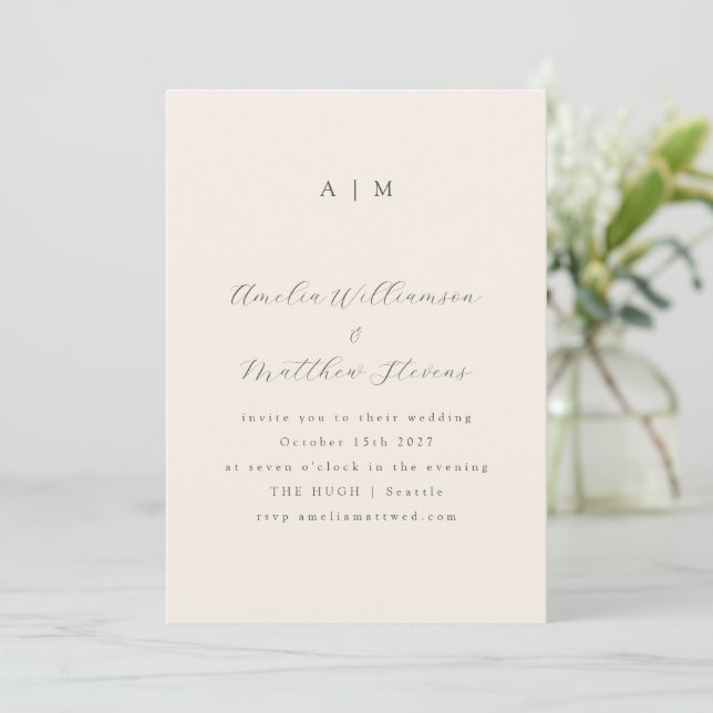 Invitation Mariage de script noir monogramme ivoire classique (Debout devant)