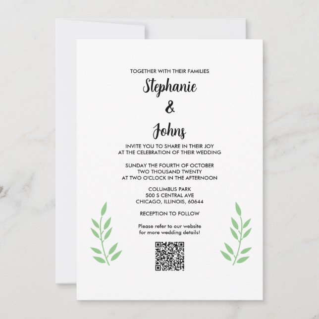 Invitation Mariage de script noir QR Code Sage Green Feuille (Devant)