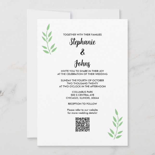 Invitation Mariage de script noir QR Code Sage Green Leaf (Devant)