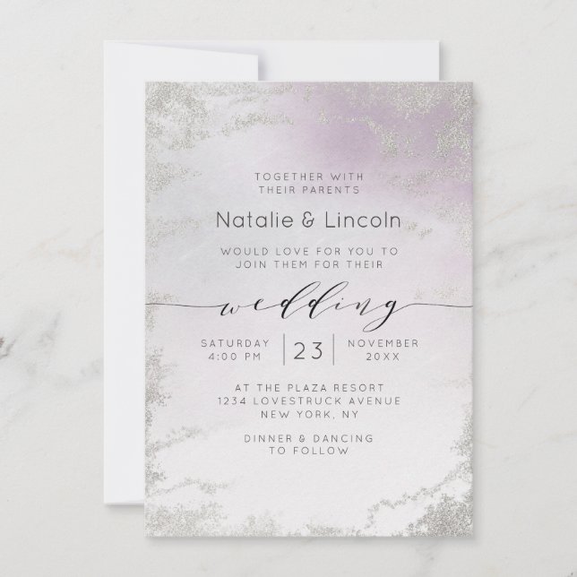 Invitation Mariage de script Ombre Light Purple Silver (Devant)