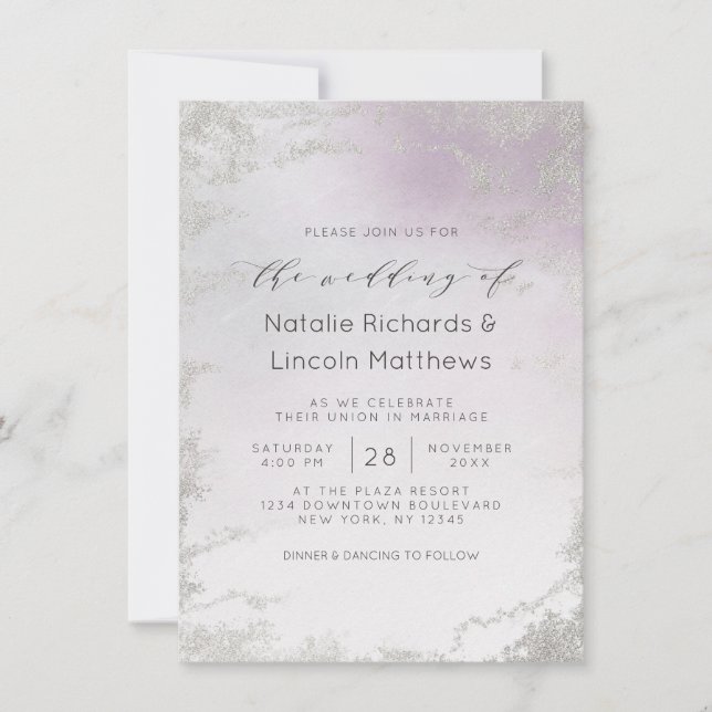 Invitation Mariage de script Ombre Light Purple Silver (Devant)