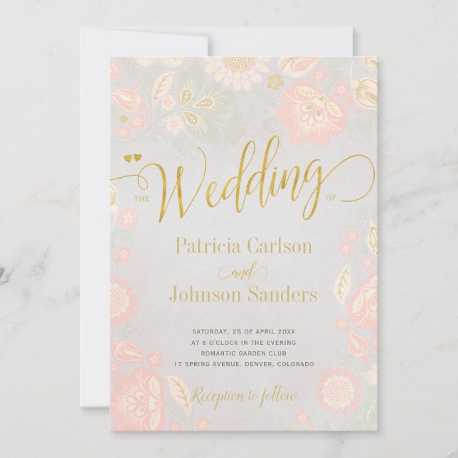 Invitation Mariage de script Peach Cream et Blush Spring Gold (Devant)