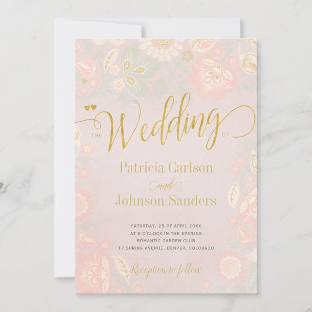 Invitation Mariage de script Peach Cream et Blush Spring Gold (Devant)