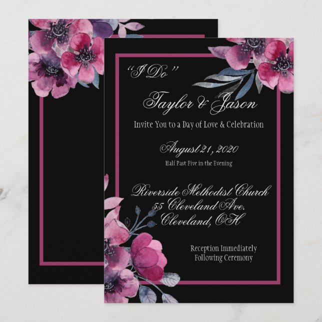 Invitation Mariage de script romantique noir et rose (Devant / Derrière)