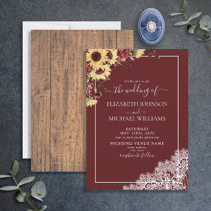 Invitation Mariage de script rustique de tournesol bordeaux