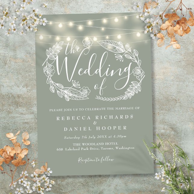 Invitation Mariage de script Sage Green (Sage Green String Lights Script Wedding Invitation)