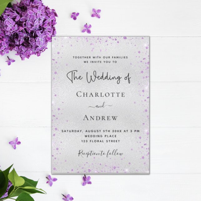 Invitation Mariage de script Silver lavender scintille (Créateur téléchargé)