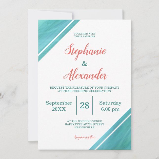 Invitation Mariage de script Turquoise de corail (Devant)