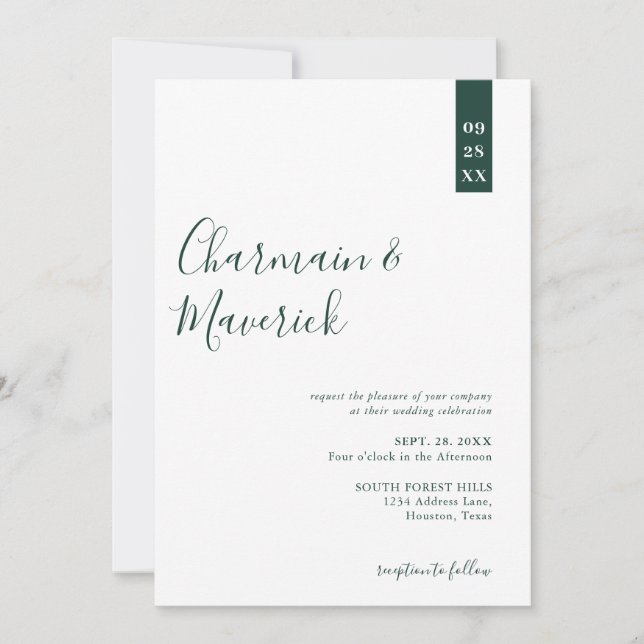 Invitation Mariage de script vert émeraude minimal (Devant)