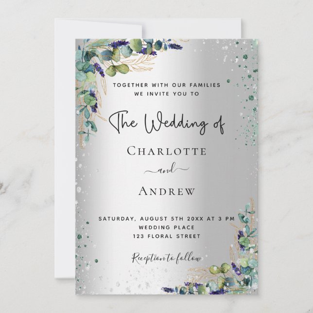 Invitation Mariage de script vert Eucalyptus Argent (Devant)