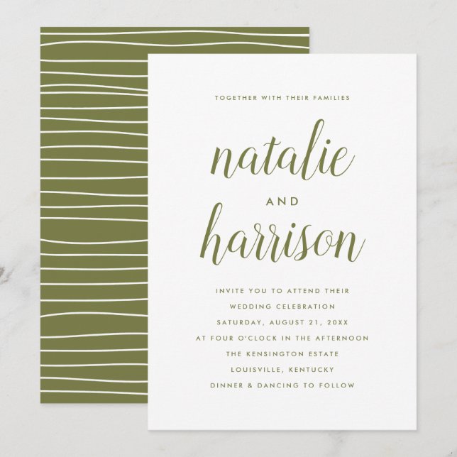 Invitation Mariage de script vert olive moderne simple (Devant / Derrière)