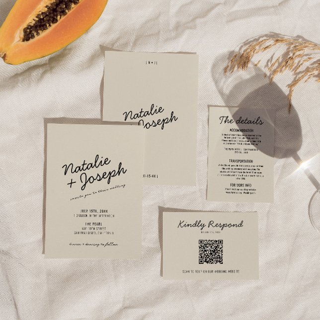 Invitation Mariage de script Whimsical moderne Black Cream ré (Créateur téléchargé)