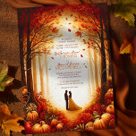 Invitation Mariage de silhouette de récolte d'automne enchant<br><div class="desc">Cette élégante invitation de mariage saisit l'essence d'une romance d'automne. La carte présente un chemin serein bordé d'arbres imposants, leurs feuilles peints dans les teintes chaudes de la chute, passant du vert à une symphonie d'ambre, d'orange et de rouge. Les arbres forment une arcade naturelle, menant à une lumière douce...</div>