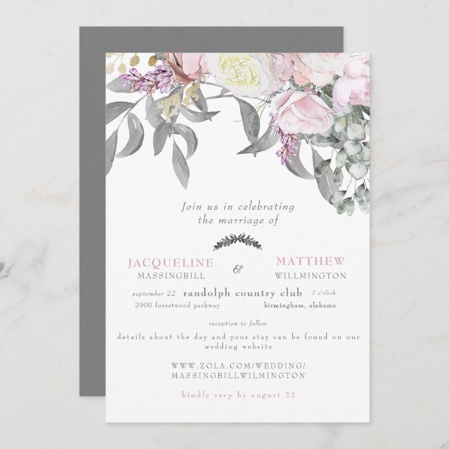 Invitation Mariage de site Web moderne Rose & Grey Eucalyptus (Devant / Derrière)