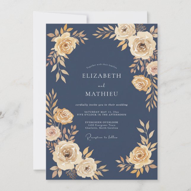 Invitation Mariage de soirée aristocratique bleu marine (Devant)