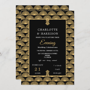Invitation Mariage de soirée Art Déco Classy Black Gold
