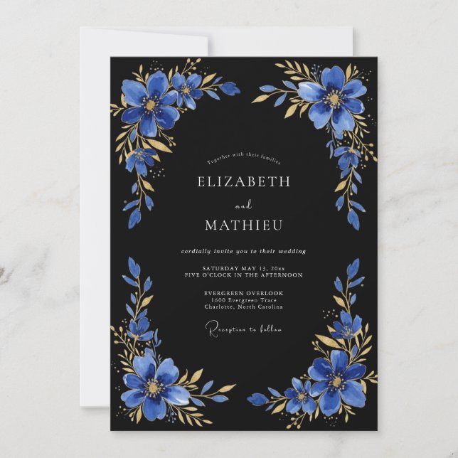 Invitation Mariage de soirée bleu royal doré (Devant)