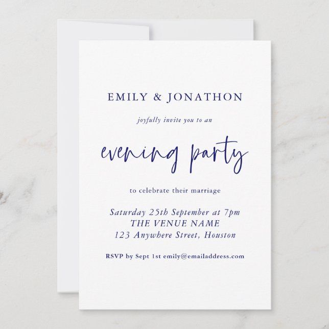 Invitation Mariage de soirée moderne Marine Blue Script (Devant)