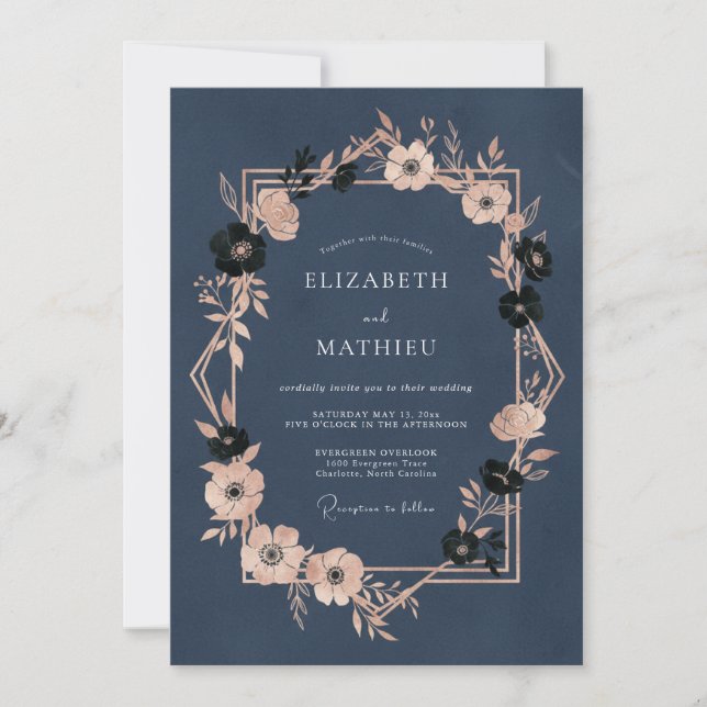 Invitation Mariage de soirée opulent bleu marine (Devant)