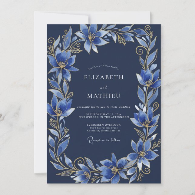 Invitation Mariage de soirée orné bleu marine (Devant)