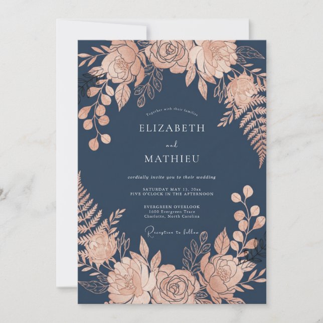 Invitation Mariage de soirée Rose Glamour Bleu Marine (Devant)