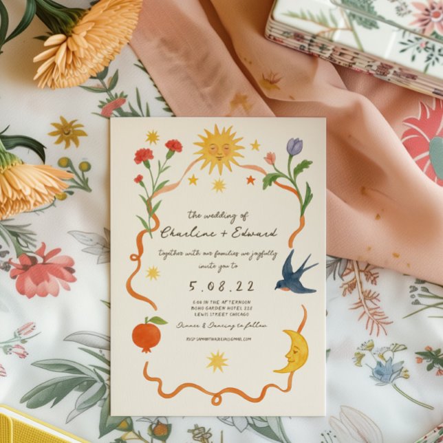 Invitation Mariage de soleil et de lune peint à la main (Créateur téléchargé)