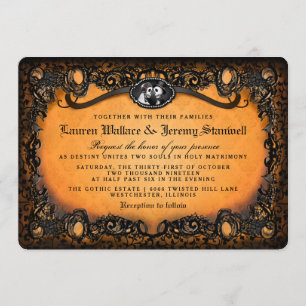 Invitation Mariage de squelette d'Halloween noir orange