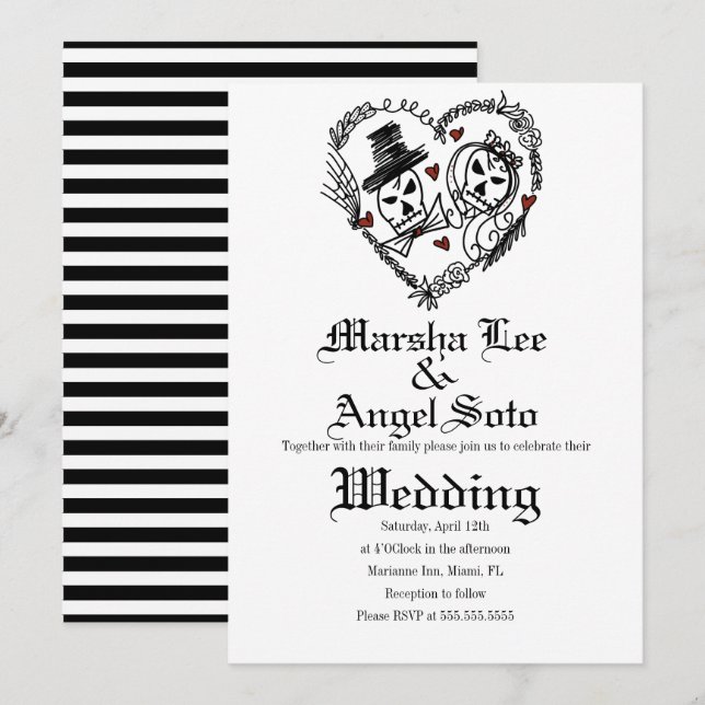 Invitation Mariage de squelettes doodle Halloween (Devant / Derrière)