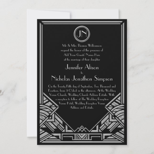 Invitation Mariage de style Art déco de Black Silver (Devant)