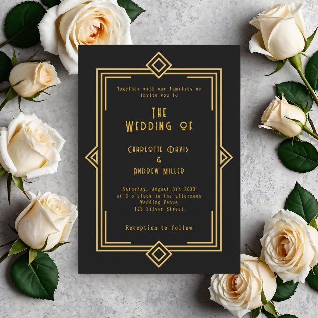 Invitation Mariage de style art déco en or noir (Créateur téléchargé)