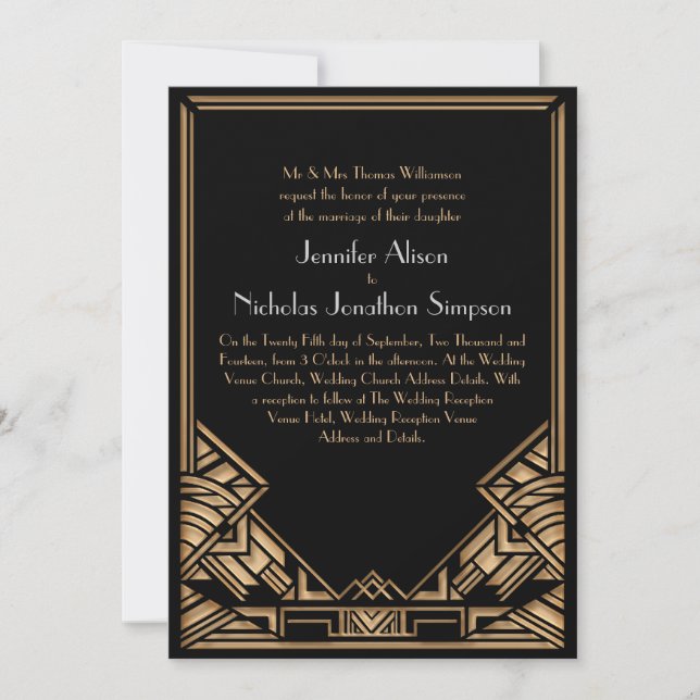 Invitation Mariage de style Art déco Gatsby Noir et Faux Or (Devant)