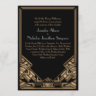 Invitation Mariage de style Art déco Gatsby Noir et Faux Or