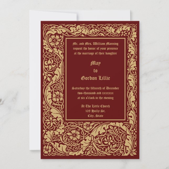Invitation Mariage de style Arts & Crafts 1905 à motif floral (Devant)
