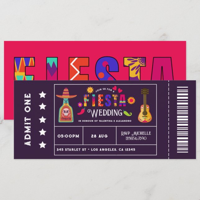 Invitation Mariage de style billet fantaisiste de la Fiesta m (Devant / Derrière)