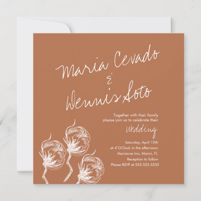 Invitation Mariage de style botanique avec plante de coton de (Devant)