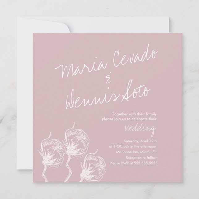 Invitation Mariage de style botanique avec plante de coton de (Devant)