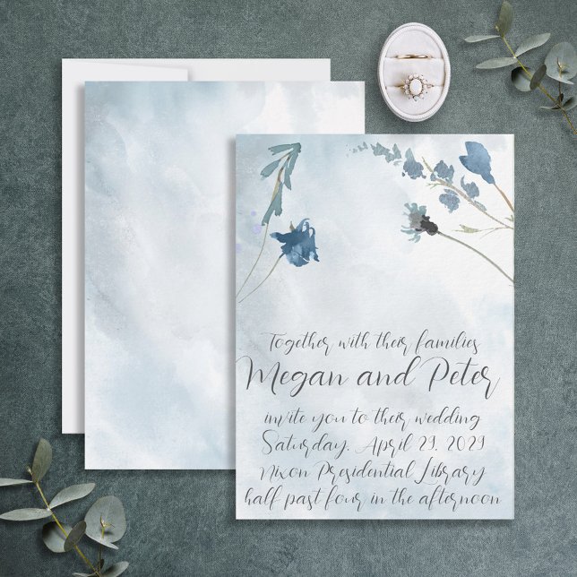 Invitation Mariage de style calligraphique fin en bleu poussi (Créateur téléchargé)