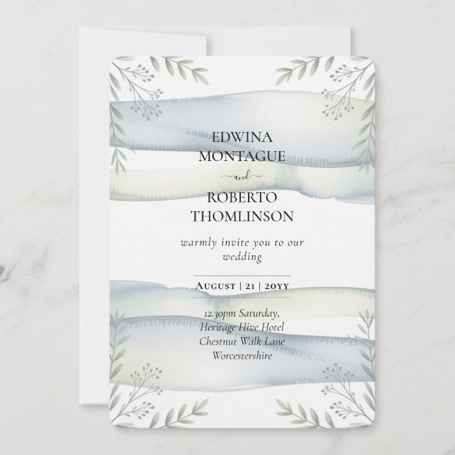 Invitation Mariage de style côtier bleu-vert aquarelle Hérita (Devant)
