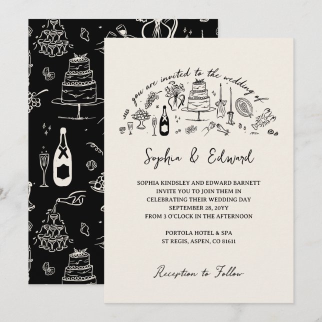 Invitation Mariage de style dessiné à la main et fantaisiste (Devant / Derrière)