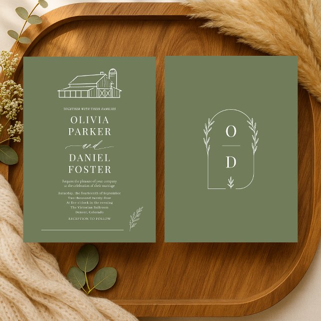 Invitation Mariage de style ferme en vert olive, illustration (Créateur téléchargé)