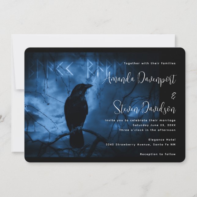 Invitation Mariage de style gothique noir avec corbeau et run (Devant)