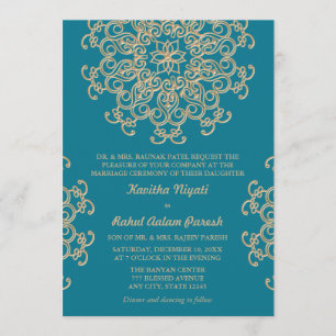 Invitation Mariage DE STYLE INDIEN AQUAMARINE BLEU ET OR
