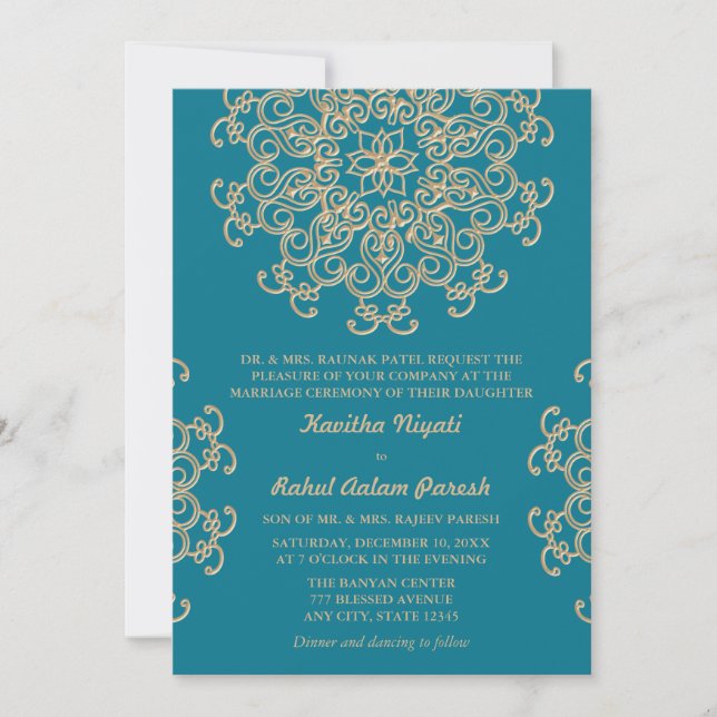 INVITATION MARIAGE DE STYLE INDIEN BLEU ET OR AQUAMARINE (Devant)