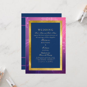 Invitation Mariage de style indien bleu, rose et or