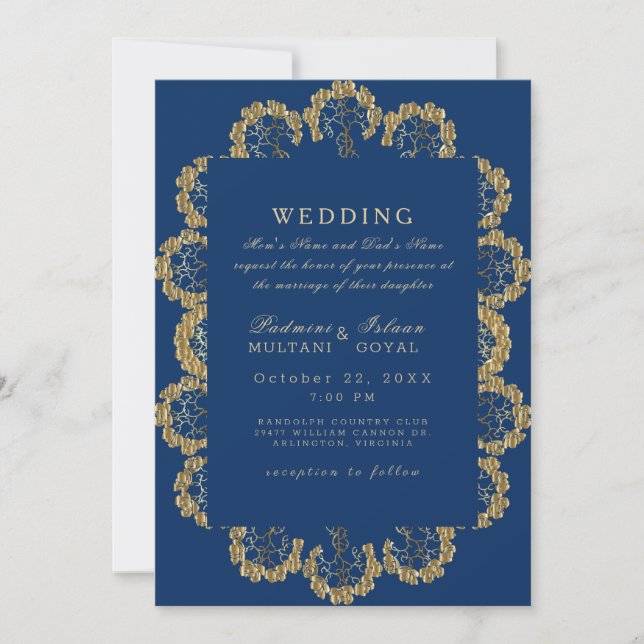 Invitation Mariage de style indien Blue and Gold Regal (Devant)